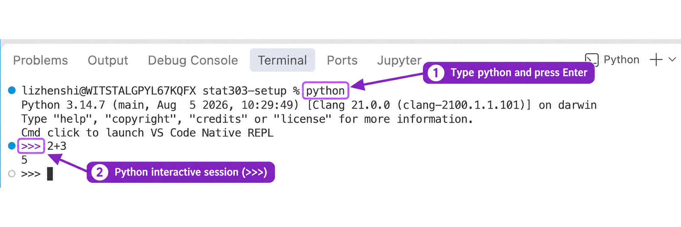 Annotated VS Code terminal screenshot. The first label points to the python command typed at the shell prompt. The second label points to the three-angle-bracket prompt that marks the Python interactive session. The example evaluates 2 plus 3 and displays 5.