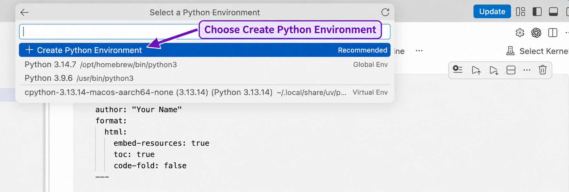 VS Code notebook kernel selection interface with Create Python Environment highlighted and a purple annotation pointing to it.