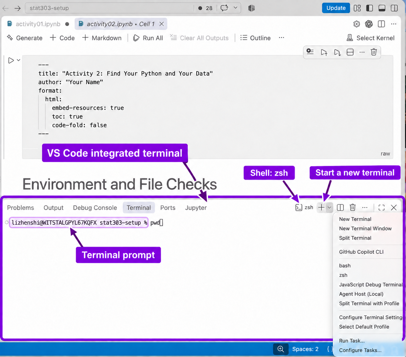 Annotated VS Code screenshot with a purple frame around the integrated terminal panel. Labels identify the panel, the zsh shell, the plus button used to start a new terminal, and the terminal prompt before the typed pwd command.