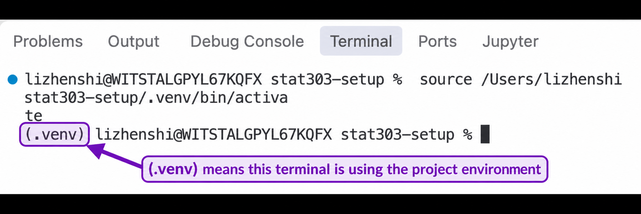 VS Code terminal after activating the project environment. A purple annotation highlights the dot-venv marker at the beginning of the terminal prompt and explains that this terminal is using the project environment.